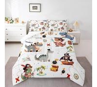 Homewish Pirate Dinosaur Kids Comforter Set Queen Size for Boys,Sea Nautical Map Theme Bedding Set 3Pcs,Child Teens Bedroom Decor,Cartoon Animals Quilt Set Ocean Adventure Duvet Insert,2 Pillowcases
