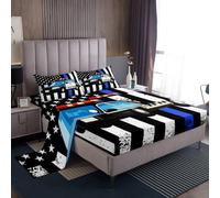 Homewish Police Car Sheet Set Black Blue American Flag Single Sheets Set, Policeman Vehicle Car Vintage Police Van Fitted Sheet