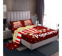 Homewish Popcorn Bed Sheets Set Single, Retro Cinema Sheet Set with 1 Pillowcase Red White Polka Dot Sheets with 3 Pieces Movie Theme Top Sheet for Kids Boys Girls Movie Lovers Decor
