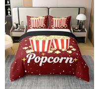 Homewish Popcorn Cotton Duvet Cover Set Single Cute Print Bedding Set with 1 Pillowcase Red White Polka Dot Bed Set with 2 Pieces Movie Theater Quilt Cover for Kids Boys Girls Movie Lovers Decor