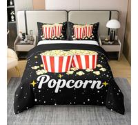 Homewish Popcorn Tubs Single Cotton Bedding Set White Polka Dot Black Duvet Cover Movie Lovers Theme Quilt Cover with 1 Pillowcase Vintage Cinema Bedspread for Kids Teens Adults Bedroom Decor