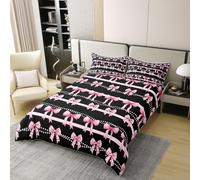 Homewish Preppy Pink Bow Super King Bedding Set Pink Check Plaid Bows Coton Duvet Cover Cute Coquette Bow Knot Quilt Cover Princess Bowtie Bed Sets
