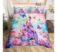 Homewish Princess Castle Comforter Cover for Girls Chic Butterfly Bed Set, Pink Garden Floral Single Duvet Cover Watercolor Ombre Bedding Set, Fairy Tales Theme Bedspread Cover (Zipper Closure)