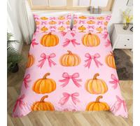 Homewish Pumpkin Quilt Set Kawaii Pink Bowknot Double Bedding Set for Kids Girls Teen,Fall Thanksgiving Day Theme Comforter Set Cute Autumn Theme Bed Duvet Set Room Decor 2 Pillow Cases