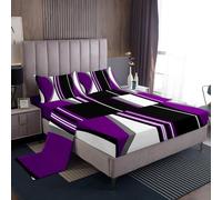 Homewish Purple Black Abstract Bed Sheets Double Size Grey Modern Striped Flat Fitted Sheet Geometric Stripes Lines Sheet Set Contemporary Art Boho Sheets for Minimalist
