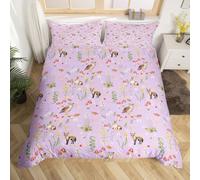 Homewish Purple Double Bedding Microfiber Reversible, Botanical Floral Duvet Cover Sets for Girls Women, Woodland Animal Print Bedding Sets, Cute Owl Rabbit Fox Pattern Quilt Cover (Violet)