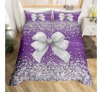 Homewish Purple Ribbon Bowknot Bedding Sets King Princess Bow Duvet Cover,Coquette Bowtie Bed Set Glitter Diamond Sequins Bed Cover,No Comforter