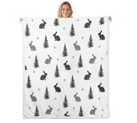 Homewish Rabbit Fleece Blanket 100x130cm Lodge Cabin Wild Animals Warm Plush Sherpa Blanket Gray Jungle Pine Trees Fuzzy Plush Throw Vintage Wildlife for Living Room Bedroom Office