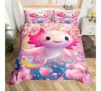 Homewish Rainbow Axolotl King Size Duvet Cover Set with 2 Pillowcases - Kids Pink Cherry Blossom Cute Cartoon Salamander Quilt Cover Kawaii Sakura Wild Animal Bed Sets