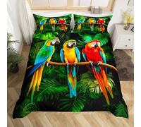 Homewish Rainbow Parrot Duvet Cover Set Watercolor Feather Double Size Bedding Sets, Jungle Plant Leaf Quilt Cover Woodland Animals Birds Bed Set