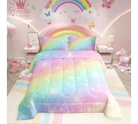 Homewish Rainbow Single Size Duvet for Kids Girls Teens, Ombre Multicoloured Quilt for All Season, Girls Rainbow Galaxy Coverless Duvet Pink Reversible Bedding Comforter Sets