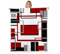 Homewish Red Black White Abstract Geometric Blanket 90x90 Inches - Modern Abstract Fleece Blanket for Teens Adults - Geometric Throws - Patchwork Striped Sofa Throw Microfiber