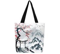 Homewish Red Cherry Blossom Canvas Shopping Bag, Chinese Ink Painting Style Canvas Bag Romantic Theme, Red Grey, 50Lx40Hx15W cm