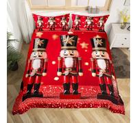 Homewish Red Christmas Bedding Set Xmas Nutcracker Comforter Cover King,Winter Themed Holiday Duvet Cover for Kids Boys Girls Adults3D Glitter Gold Stars Decor Bed Set