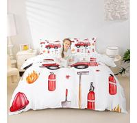 Homewish Red Fire Truck Quilt Cover Boys Construction Vehicle Duvet Cover Cot Size,Area Fireman Firefighter Bedding Set,Fire Trucks Bed Set