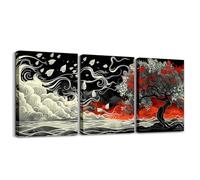Homewish Red Floral Canvas Wall Art Set of 3, Abstract Art Poster Prints for Boys Girls Living Room Bedroom Décor, Chinese Landscape Painting Print Wall Art Nature Rustic Floral Red Golden Wall Decor