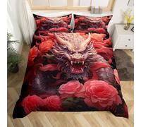 Homewish Red Floral Dragon Super King Bedding Set,Asian Oriental Chinese Dragon Duvet Cover for Kids Adults,Vintage Japanese Style Flower Bed Set Fantasy Dragon Duvet Cover 3Pcs (No Comforter)