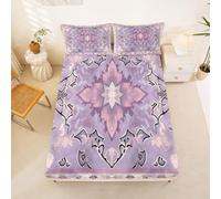 Homewish Red Gold Bedding Set Double Boho Tribal Vintage Floral Fitted Sheet Ethnic Design Bed Sheets for Kids Teens Girls,Vintage Antique Damask Bed Cover 3 Pcs