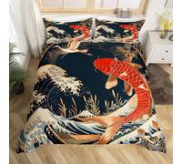 Homewish Red Koi Fish Duvet Cover King Oriental Crane Bedding Set, Japanese Ukiyo-E Comforter Cover Marine Sea Wave Bed Set, Wild Animal Wildlife Bedroom Set (Zipper Closure)