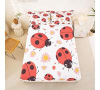 Homewish Red Ladybug Bedding Set Single Daisy Flowers Fitted Sheet Cute Cartoon Ladybird Bed Sheets,Reptile Beetles Bed Cover 2 Pcs red white
