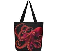 Homewish Red Octopus Canvas Tote Bag for Women,Gothic Tentacles Coastal Foldable Handbag Nautical Sea Animal Casual Reusable Handbag for Women