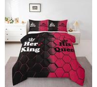 Homewish Red Pink Valentine King And Duvet Set Double - Her King And His Crown Bedding Set Romantic Couple Quilt Set - Him And Her Warm Soft Bedclothes Coverless Duvet