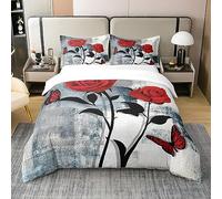 Homewish Red Rose 100% Cotton Duvet Cover Double,Grunge Navy Blue Ombre Comforter Cover for Room Decor,Vintage Watercolor Artwork Bedding,Oil Painting Butterfly Floral Bed Sets with 2 Pillow Cases