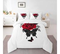 Homewish Red Rose Single Coverless Duvet Set Polyester | Hand Drawn Floral Duvet with 1 Pillowcase Black Butterfly Quilt Blanket Bedding Set