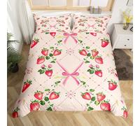 Homewish Red Strawberry Duvet Cover Pink Kawaii Cot Bedding Sets,Romance Bowknot Bow Tie Bed Cover Cute Strawberry Bed Set(No Comforter)