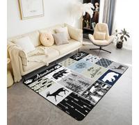 Homewish Retro Cabin Rustic Area Rug 100x150cm Country Farmhouse Lodge Living Room Rugs Bear Moose Deer Decorative Carpet Hunting Wild Animal Plaid Patchwork Indoor Floor Mat Rustic DecorationsHome