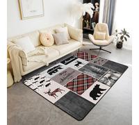 Homewish Retro Cabin Rustic Area Rug Farmhouse Lodge Decorative Carpet 100x150 cm Bear Moose Deer Indoor Floor Mat Hunting Animal Plaid Living Room Rugs