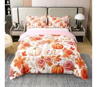 Homewish Retro Floral Pumpkin Single Bedding Sets with 1 Pillowcase | Fall Flower Rose Cotton Duvet Cover Farmhouse Cottage Quilt Cover Romantic Bed Set