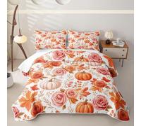 Homewish Retro Floral Pumpkin Single Bedspread Microfiber | Fall Flower Rose Quilted Bedding Set Farmhouse Cottage Coverlet Romantic Quilt Set