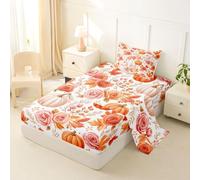 Homewish Retro Floral Pumpkin Single Flat Fitted Sheet | Fall Flower Rose Bed Sheets Deep Pocket 16 inch (40 cm),Farmhouse Cottage Bed Sheets Set Romantic