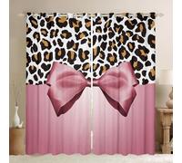 Homewish Ribbon Pink Bow Curtains For Bedroom, Leopard Print Blackout Curtains Princess Coquette Bowknot Window Drapes Cartoon Bow Tie Window Treatments 2 Panel Sets 46 x 72 Inch