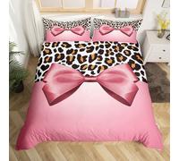 Homewish Ribbon Pink Bow Duvet Cover Leopard Print Bedding Sets, Princess Coquette Bowknot Bed Cover Cartoon Bow Tie Bed Set Double