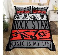 Homewish Rock Music Bedding Sets Single Electric Guitar Comforter Cover, Musical Theme Bed Set Punk Rock Popstar Duvet Cover, Headset Headphone Quilt Cover Black Red Grey Lightweight (Zipper Closure)