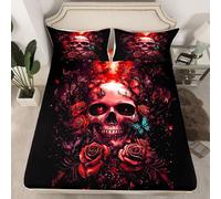 Homewish Rose Grey Red Teal Blue Sugar Skull Fitted Sheet King Floral Bed Sheets Gothic Valentine Bedding Set,Adults Flowers Warm Soft Bedclothes Bed Cover 3 Pcs