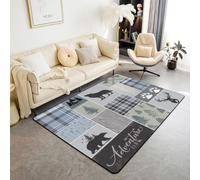 Homewish Rustic Bear Patchwork Checkered Plaid Wolf Area Rugs 150x200cm - Woodland Wildlife Deer Pine Trees Floor Carpet Vintage Lodge Cabin Large Rugs Farmhouse Decorations Non Shedding Carpet