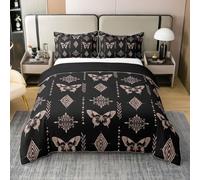 Homewish Rustic Butterfly Southwestern Aztec Western Double Bedding Set for Little Boys | Pale Beige Damask Coton Duvet Cover Bohemian Gothic Quilt Cover Goth Vintage Floral Antique Decor Bed Sets