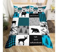 Homewish Rustic Cabin Duvet Cover Set Grizzly Bear Deer Girl Cot Bedding Set, Green Buffalo Plaid Decor Farmhouse Quilt Cover Country Woodland Pine Trees Bed Sets