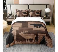 Homewish Rustic Cabin Lodge 100% Cotton Duvet Cover King,Hunting Elk Deer Bear Comforter Cover,Country Farmhouse Old Barn Door Bedding Set,Wild Animals Woodland Adventure Bedspread Cover,Brown