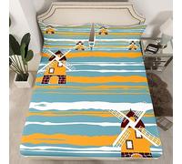 Homewish Rustic Farm Windmill Bed Sheets Single Size,Cute Cartoon Windmills Bedding Set for Kids Toddler Countryside Rural Fitted Sheet for Lodge Cabin Blue Yellow White Abstract Stripes Sheets