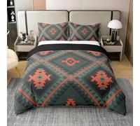 Homewish Rustic Farmhouse 100% Cotton Duvet Cover Double Southwestern Aztec Bedding Set For Kids Boys Girls Adults Bohemian Geometric Quilt Cover Green Orange Diamond Bed Set 3 Pcs