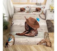 Homewish Rustic Farmhouse Duvet Cover, Wooden Barn Door Country Bedding Set King Size For Kids Boys Teens Adult, Western Cowboy Horseshoe Comforter Cover Butterfly Cowgirls Bed Set, Gray Brown