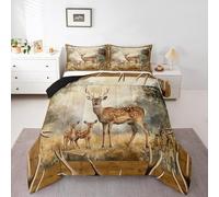 Homewish Rustic Farmhouse Full Size Comforter Set,Brown Deer Antler Wildlife Reversible Bedding Comforters Bedroom Collection,Jungle Nature Wooden Plaid Bedding Set for Girls Teens