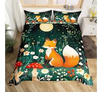 Homewish Rustic Fox Print Duvet Cover Kids Cartoon Fox Single Size Bedding Set for Boys Girls Teens, Green Woodland Animal Themed Quilt Cover Botanical Mushroom Floral Bed Sets, Reversible