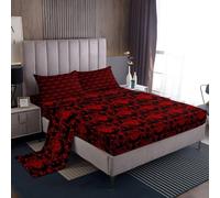 Homewish Rustic Grizzly Bear Red Damask Bedding Set Double for Teen Boys | Victorian Bed Sheets Gothic Vintage Floral Sheet Set - Fitted Top Sheets 4 Piece