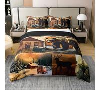 Homewish Rustic Lodge Cotton Duvet Cover King Bear Deer Fox Cabin Comforter Cover | Country Woodland Animals Bedding Set Vintage Barn Pine Trees Brown Black Bed Set 3 Pcs