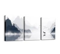Homewish Rustic Mountain Canvas Wall Art,Cabin Lodge Deer Framed Wall Art 40x30cm 3 Piece for Living Room,Smoky Jungle Wall Decor,Landscape Poster Easy to Hang